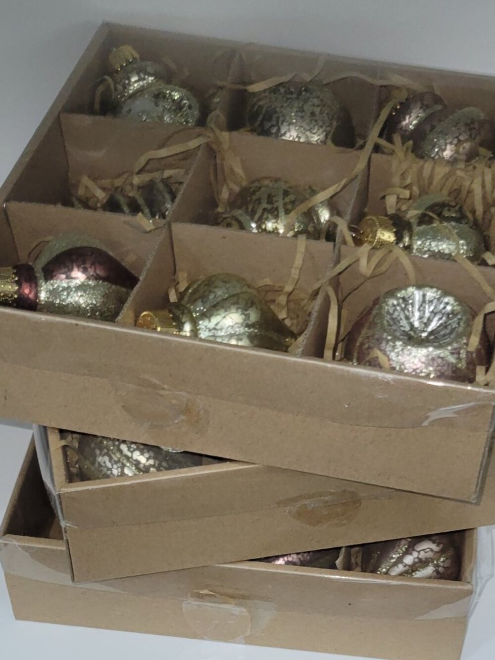 Glass Ornaments Burgundy & Gold w/glitter-Assorted, Sizes 2.5"-3". Lot of 3 bxs